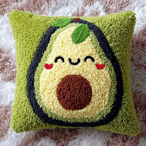AxiangziK Knüpfkissen Zum Selber Knüpfen,Avocado mit Smiley-Gesicht DIY Kissen Hülle Knüpfset,43x43cm Kissenbezug Knüpfen Set Kreuzstich für Erwachsene