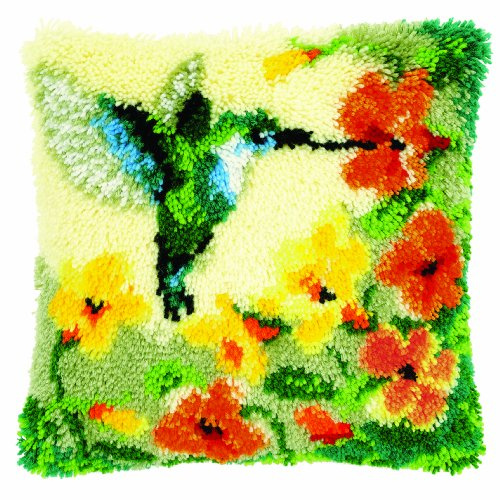 Vervaco 1-Piece Latch Hook Cushion Hummingbird and Flowers,Green