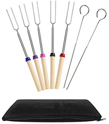 Ecloud Shop Marshmallow Roasting BBQ Sticks Set von 5 Teleskop Edelstahl Spieße - Perfekte Gabeln für Hot Dogs Ausziehbar Zu 32 Zoll lang - 2 Stück Gratis 304 Edelstahl-Grillsticks