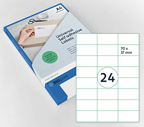 Rillprint Vielzweck Etiketten Selbstklebend - 2400 Stück – 70 x 37 mm - 24 Klebeetiketten pro A4-Blatt - Bedruckbar & Abziehbar - Universal Adressaufkleber - 100 Blatt, Weiß