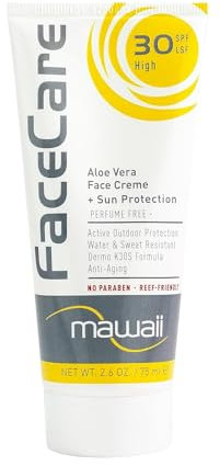 Mawaii Sonnencreme Sport & Surfen Gesichtscreme 30 SPF - 75 ml - Aloe Vera Wasserfest und Schweißfest Sonnenschutzcreme, ideal für Wassersport und Outdoor Sportarten sowie Anti-Aging Sonnenschutz