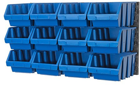 Storage bins with wall mounted panel - 12 large blue bins