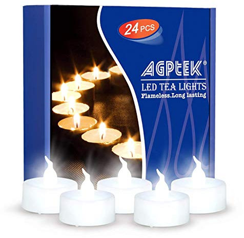 AGPTEK Flackernde, batteriebetriebene künstliche elektrische LED-Teelichter, kalte, flammenlose Kerzen für Weihnachten, Outdoor, Halloween, Hochzeit, Dekoration, 0,2 W, kaltweiß, 24 Stück