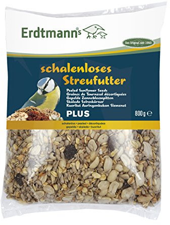 Erdtmanns schalenloses Streufutter Plus 800 g – Vogelfutter ohne Schalen für saubere Futterstellen – Mischung aus beliebten Zutaten – Ganzjahresfutter für Wildvögel