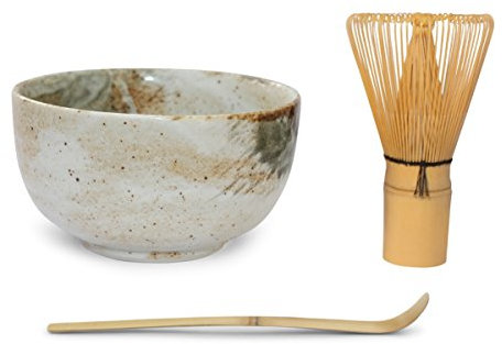 Matcha Bowl Gift Set (3 Piece) - Consisting of Matcha Bowl (Beige Green), Matcha Bamboo Whisk and Matcha Bamboo Spoon