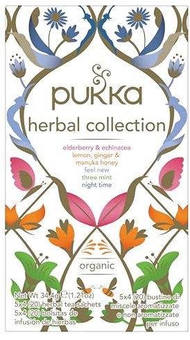 Pukka Herbal Collection, Tè e Tisane Biologiche Assortite, 5 Gusti, Ingedienti 100% Naturali,, Ideale Per Rimanere Attivi, 20 Filtri
