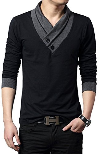 Legou Herren Langarm Schal Style Neck Baumwolle T-ShirtSchwarz XXXL