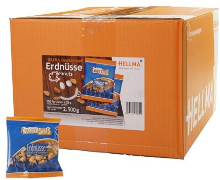 HELLMA Erdnüsse - 100 Stk. Salzige Knabberei im Mini-Beutel je 25 g - Snack-Vorrats-Box - für Büro oder unterwegs