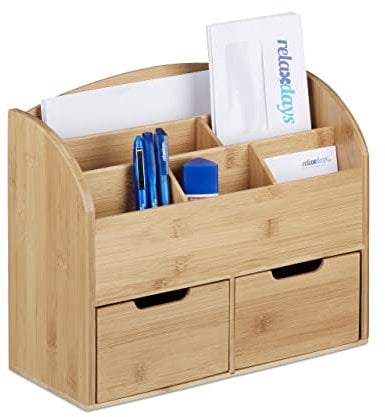 Relaxdays Schreibtisch-Organizer Bambus, Briefablage, 6 Fächer, 2 Schubladen, natürliche Maserung, H x B x T: 28 x 33 x 13,5 cm, natur