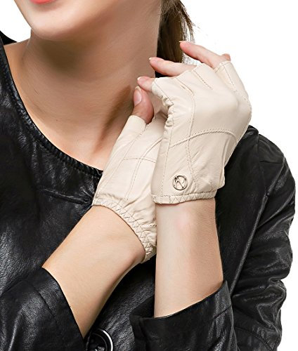Nappaglo Damen Lederhandschuhe für fahren Halbfinger fingerlose Lammfell Leder Fitness Outdoor kurz ungefüttert Handschuhe (M (Umfang der Handfläche:17.8-19.0cm), Beige)