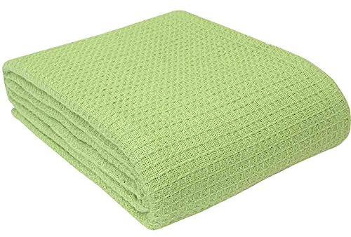 HOMESCAPES - 100% Organic Cotton Waffle Blanket - Sage Green - King Bed Size 250 x 230 cm - Super Soft Combed Cotton Blanket Throw