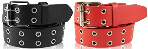 SCAMODA Nietengürtel im 2er Set mit Doppel-Lochnieten, Ösen und Dornschließe für Damen und Herren (Schwarz/Rot - 120/BW105 - Br. 3,5cm)