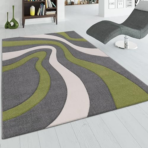 Paco Home Designer Teppich mit Konturen-Schnitt Modernes Wellen Muster in Grau Grün Creme, Grösse:120x170 cm