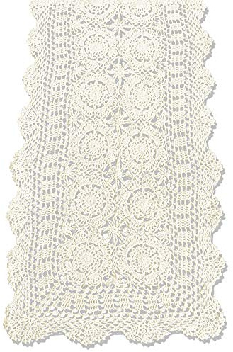KEPSWET Cotton Handmade Crochet Lace Table Runner Beige Rectangle Coffee Table Dresser Decor (14x36 inch)