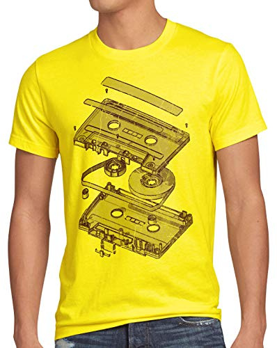 style3 DJ Tape Herren T-Shirt Kassette 3D Turntable Retro, Größe:M, Farbe:Gelb