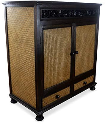livasia Asiatischer Schrank aus Massivholz und Rattan – 90x50x100cm – Handgeschnitzte Kommode aus nachhaltigem Akazienholz mit Blumenornamenten, Asiatische Eleganz für Zuhause
