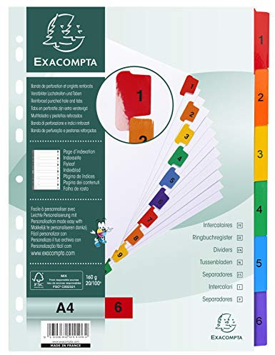 Exacompta 1106E Karton-Register 1-6 für DIN A4 aus Karton 6-teilig volle Höhe 21 x 29,7 cm weiß, bunte verstärkte Taben mit Indexseite Trennblätter Trennstreifen Ordner-Register