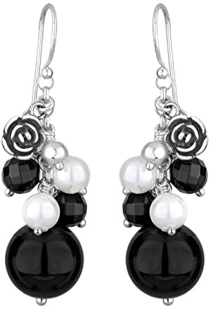 Elli Damen Ohrhänger Blume 925 Sterling Silber Onyx Synthetische Perle schwarz Perlenschliff 302550413