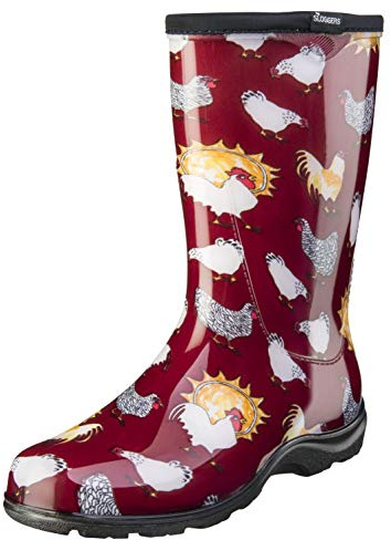 Sloggers Waterproof Garden Rain Boots for Women - Cute Mid-Calf Mud & Muck Boots with Premium Comfort Support Insole, (Chickens Barn Red), (Size 7) - Made in USA with US and Imported Parts