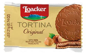 Loacker Tortina Chocolate Covered Wafers Disks Filled with Hazelnut Cream 21 g (Pack of 12)