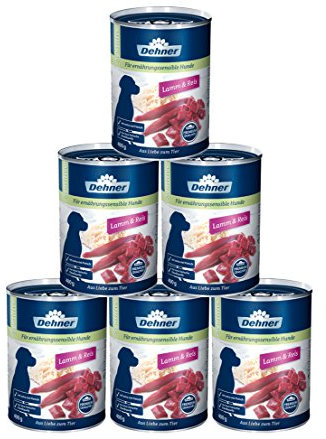Dehner Premium Hundefutter Sensitive, Nassfutter zuckerfrei / getreidefrei, für ausgewachsene ernährugssensible Hunde, Lamm / Reis, 6 x 400 g Dose (2.4 kg)