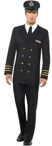 Smiffys Marine Offizier Kostüm, Schwarz, mit Jackett, Hose, vorgetäuschter Weste & Hut