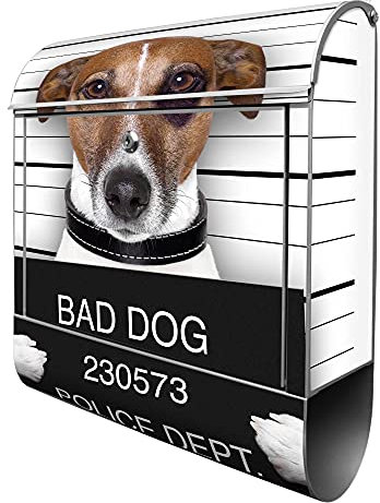 banjado® Design Briefkasten mit Bad Dog Jack Russel 38,5x46,5x13cm & 2 Schlüssel - Briefkasten Stahl Silber mit Zeitungsfach pulverbeschichtet - Postkasten A4 Einwurf inkl. Montagematerial