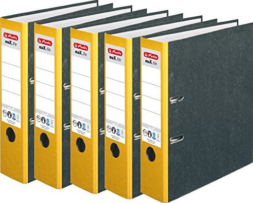 HERLITZ Ordner maX.file nature A4 Wolkenmarmorbezug selbstklebendes Rückenschild | 5er Sparpack in diversen Farben zur Auswahl (8cm breit | 10er Pack, gelb)