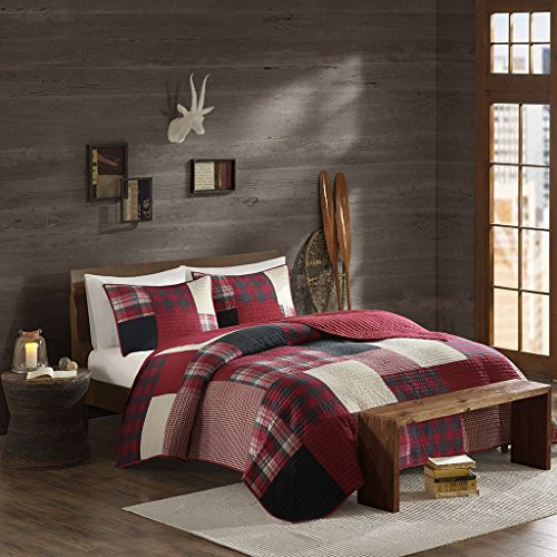 Woolrich Sunset Wende-Bettwäsche-Set – Landhaus-Stil, umgekehrt zu einfarbig, für alle Jahreszeiten, leichte Bettdecke, gemütliche Bettwäsche, passende Kissenbezüge, übergroße Full/Queensize, kariert, rot, 3-teilig