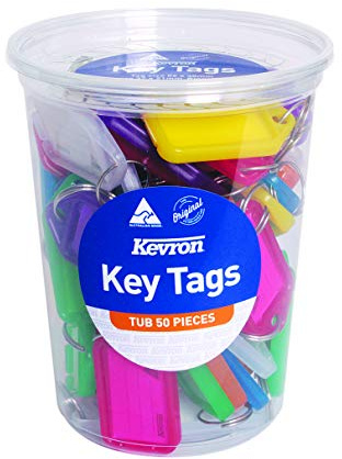 Kevron 56x30mm Assorted Colour Key Tags with Labels Pack of 50 for Identification, Security, Luggage, Pet Names, Memory Sticks, Home & Office