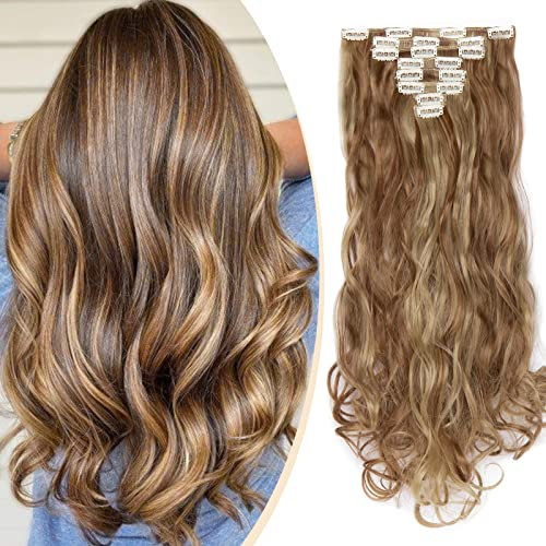 S-noilite® Teile Set Clip in Extensions 60cm Haarverlängerung Haarteil gewellt Hellbraun & Graublond