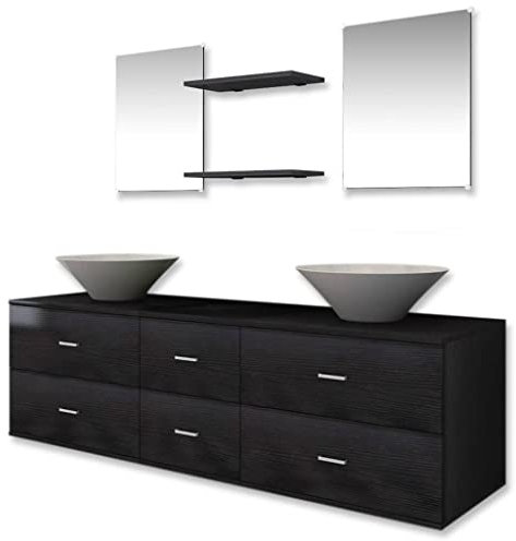 vidaXL Mobili da Bagno Armadietti Elegante 7 pz Nero Specchio Lavabo Lavandino