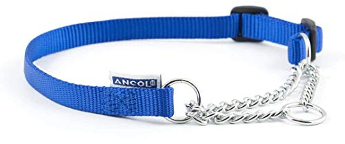 Ancol Heritage Nylon and Chain Check Dog Collar - Blue - Durable Adjustable Pet Training Neckband - 35-45cm Size 2-4