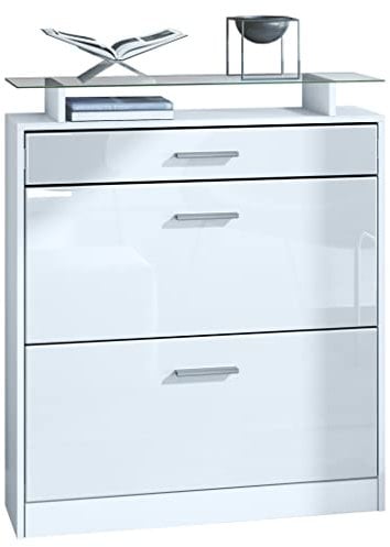 Vladon Schuhschrank Loret 89 x 104 x 23 cm Schuhkipper für 16 Paar Schuhe mit 1 Schublade, 1 Glasablage, Farben Weiß matt & Weiß Hochglanz