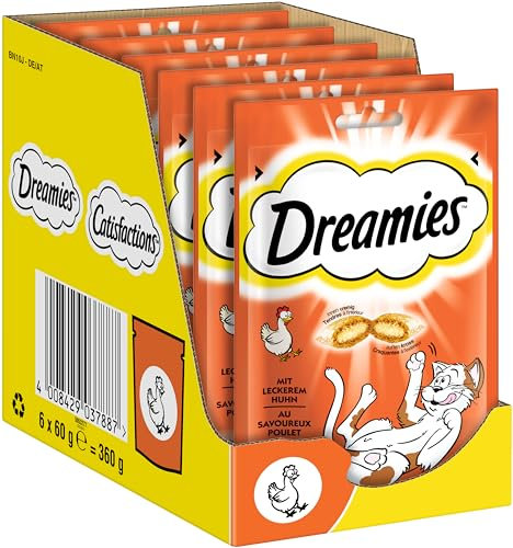 Dreamies Klassiker Katzensnacks mit Huhn – Traumhaft knusprige Taschen mit zarter Füllung – 6 x 60g (6er Pack)