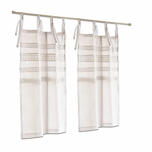 Loberon Scheibengardine 2er Set Aibre, eingenähte Spitzenborten, Vintage-Charme, mit dekorativen Bindebändern, Fensterdekoration, Sichtschutz, Baumwolle, weiß