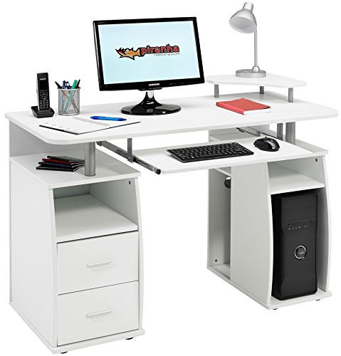 Computer Desk with Shelves, Cupboard and Drawers for Home Office in White Woodgrain Effect - Piranha Furniture Tetra PC 5s