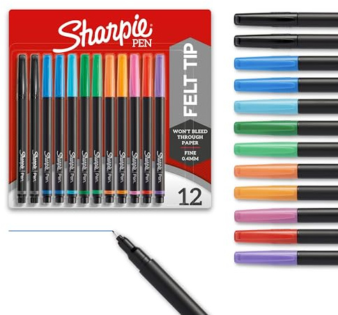 Sharpie Felt Tip Pens, Fine Point (0.4mm), Assorted Colors, 12 Count - Journaling, Art, Drawing, Markers