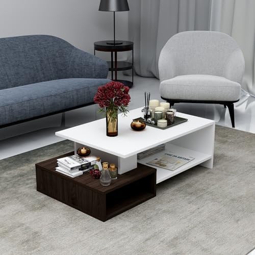 HOMIDEA DUX Tavolino basso da salotto - materiale in legno - Tavolino da divano - Tavolino da Caffè moderno in un design alla moda con mensola (Bianco/Noce)