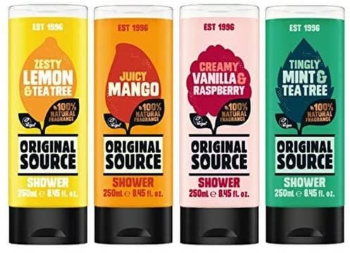 Original Source Shower Gel Set 4 x 250 ml Exotic Fragrances Mango, Lemon & Tea Tree, Vanilla & Raspberry, Mint & Tea Tree