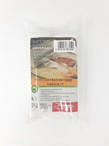 Reber 6615A Lot de 2 rouleaux de sachets gaufrés pour sous-vide, 15 x 600 cm, 105 microns, anti-UV, Transparent