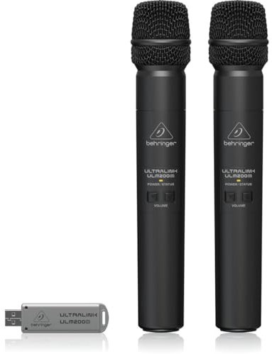Behringer ULTRALINK ULM202USB Sistema inalámbrico digital de alto rendimiento de 2,4 GHz con 2 micrófonos de mano y receptor USB de modo dual