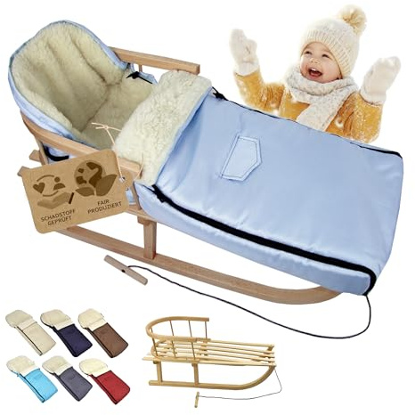 Kombi-Angebot Holz-Schlitten mit Rückenlehne & Zugseil + universaler Winterfußsack (108cm), auch geeignet für Babyschale, Kinderwagen, Buggy, aus Wolle Uni (hellblau)