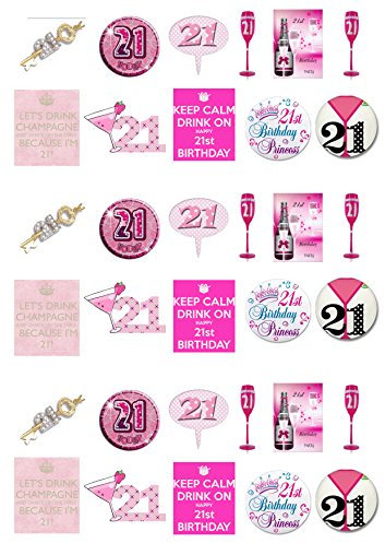 33 Stand Up Twenty One 21st Birthday Girl Themed Edible Wafer Paper Cake Toppers Decorations