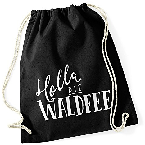 MoonWorks lustiger Turnbeutel mit Spruch - Holla die Waldfee - Sprüche Spruch-Beutel Jutebeutel Baumwolle Schwarz unisize