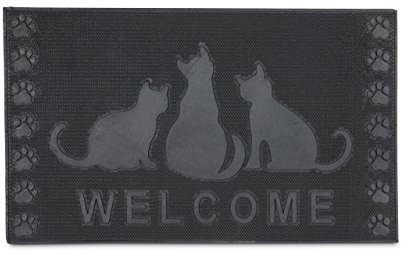 Relaxdays Fußmatte Gummi mit Katzen-Motiv Welcome als Fußabtreter Schmutzmatte rutschfest und witterungsbeständig bei Regen, Schnee als Türvorleger mit Katze HBT: ca. 0,5 x 75 x 45 cm, schwarz