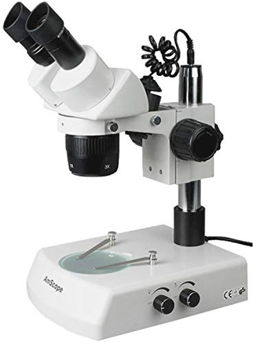 AmScope SW-2B13Z Binocular Stereo Microscope, WH10x Eyepieces, 10X/20X/30X/60X Magnification, 1X/3X Objective, Upper and Lower Halogen Lighting, Pillar Stand, 110V-120V, Includes 2.0x Barlow Lens
