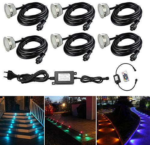 CHNXU 6er Set RGB LED Bodeneinbaustrahler Ø40mm Terrasse Einbauleuchte, IP67 Wasserdicht LED Treppen Beleuchtung Aussen, Doppel 1M Kabel mit 2M Einbaustrahler Abstand für Küche, Garten, Balkon