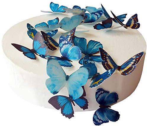 Anglesit 24 X PRE-CUT BEAUTIFUL MEDIUM BLUE BUTTERFLIES EDIBLE RICE/WAFER PAPER PRE CUT CUPCAKE CAKE DESSERT TOPPERS BIRTHDAY PARTY WEDDING BABY SHOWER DECORATIONS (Medium)