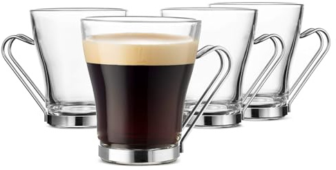 Bormioli Rocco Oslo - Set di 4 tazze da cappuccino con manico in acciaio inox, in confezione regalo